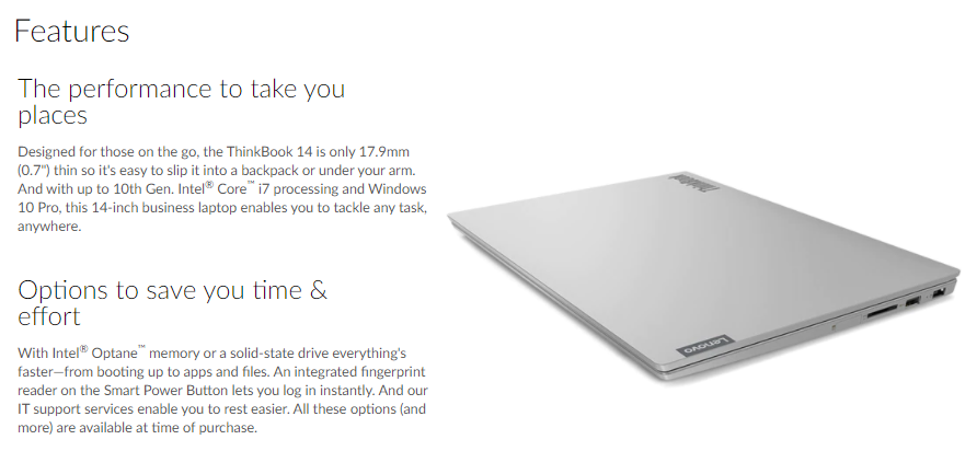 Features of the thinkbook tb14 including good performance and options